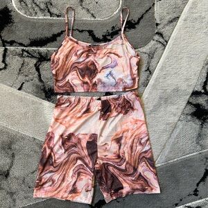 Marbled Pink & Brown Crop Cami Top - Women's Two-Piece Set